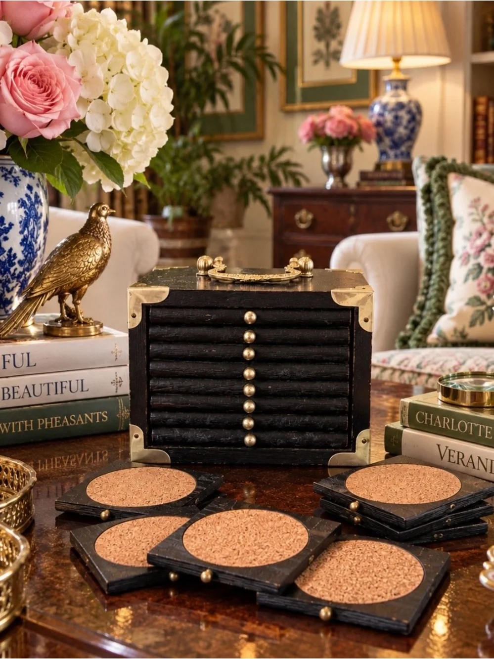 Vintage Chinoiserie Black Lacquer 8 Pc Coaster Set Brass Storage Box